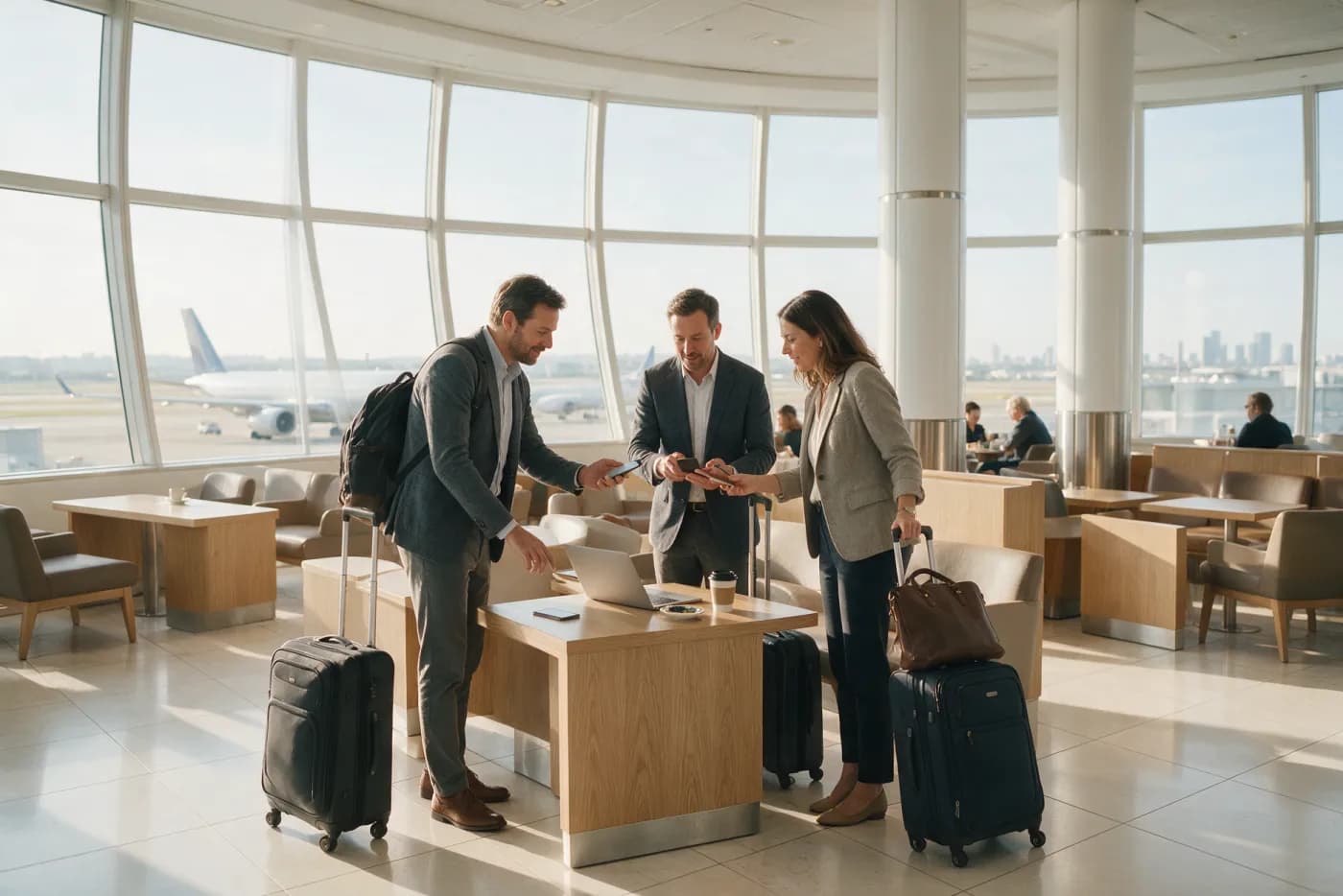 Business travellers with rolling luggage reviewing a trip schedule together in an airport lounge