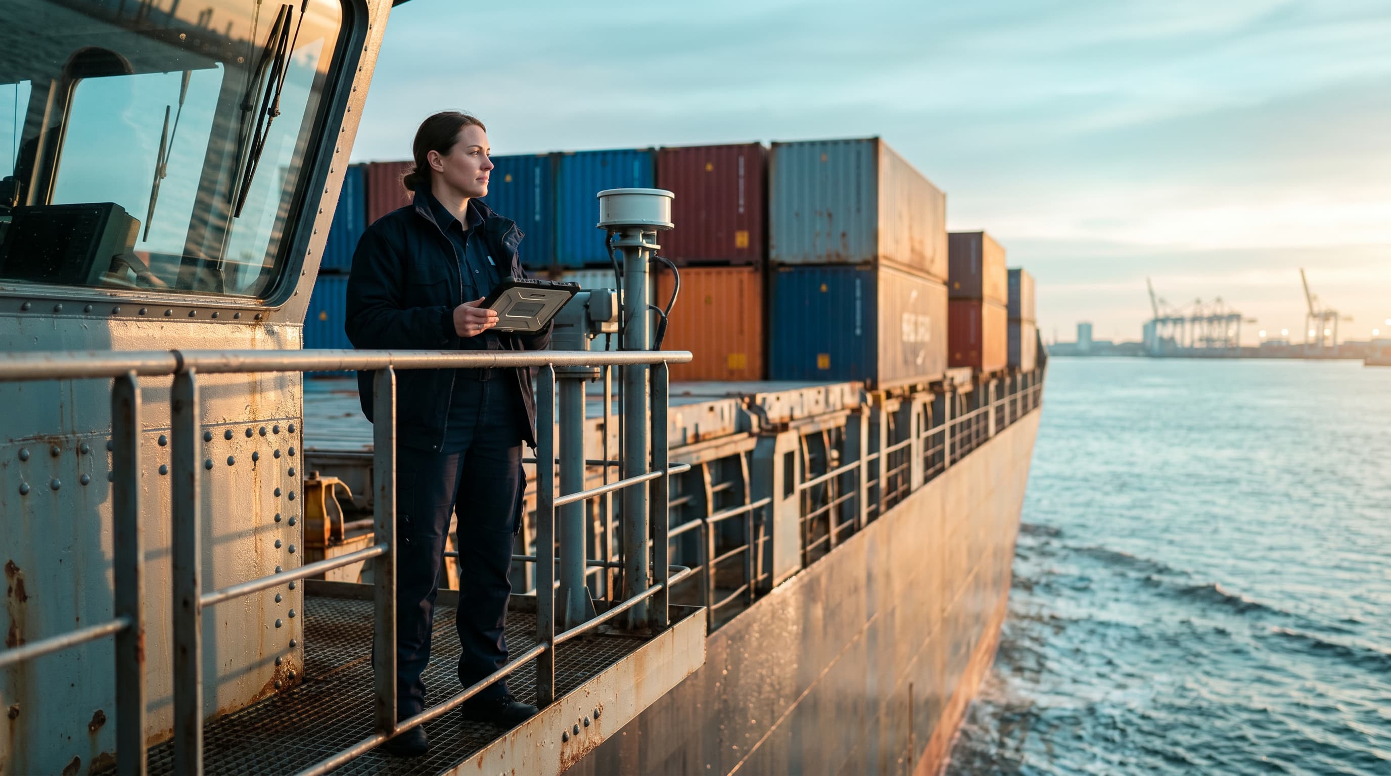 Maritime officer on an open ship bridge at sea